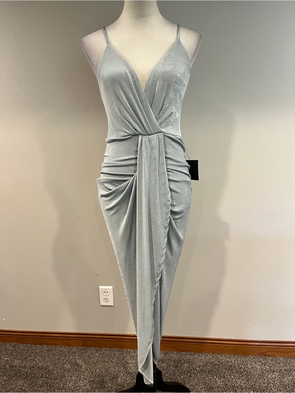 Lulu's Silver stale blue One-Shoulder Draped‎ Midi Dress size small